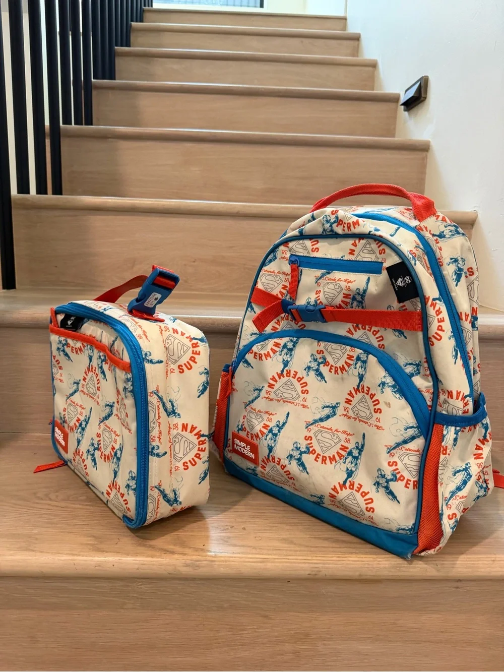 Simple Modern Kids' Cream Backpack & Lunch Bag Set with Blue and Red Accents